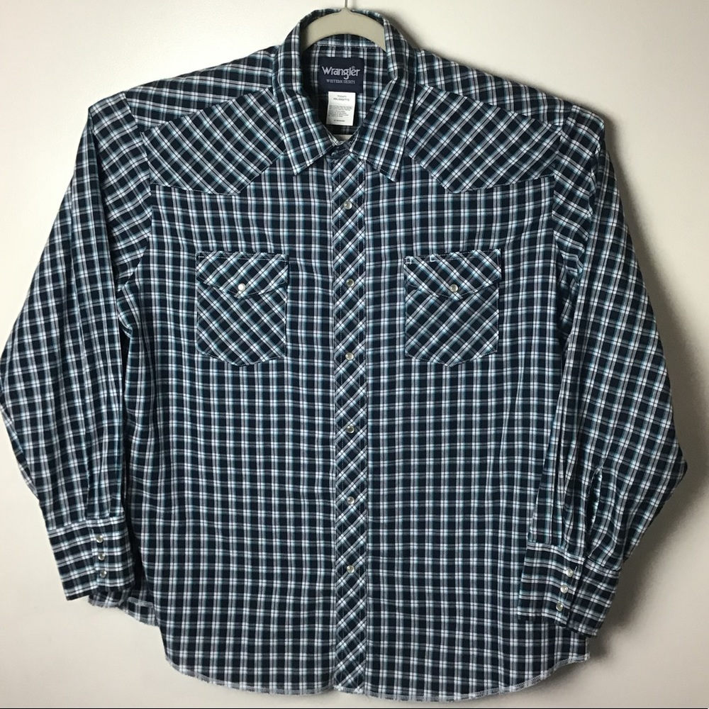 Wrangler blue black plaid long sleeve snap front cowboy shirt. XXL
